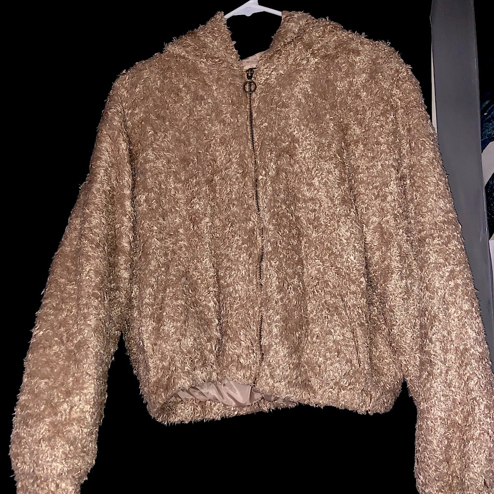 Tan fuzzy zip-up jacket